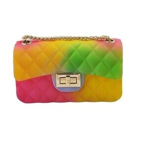 Multi Color Fashion Neon Bright Rainbow Jelly Mini Handbag with Gold Chain